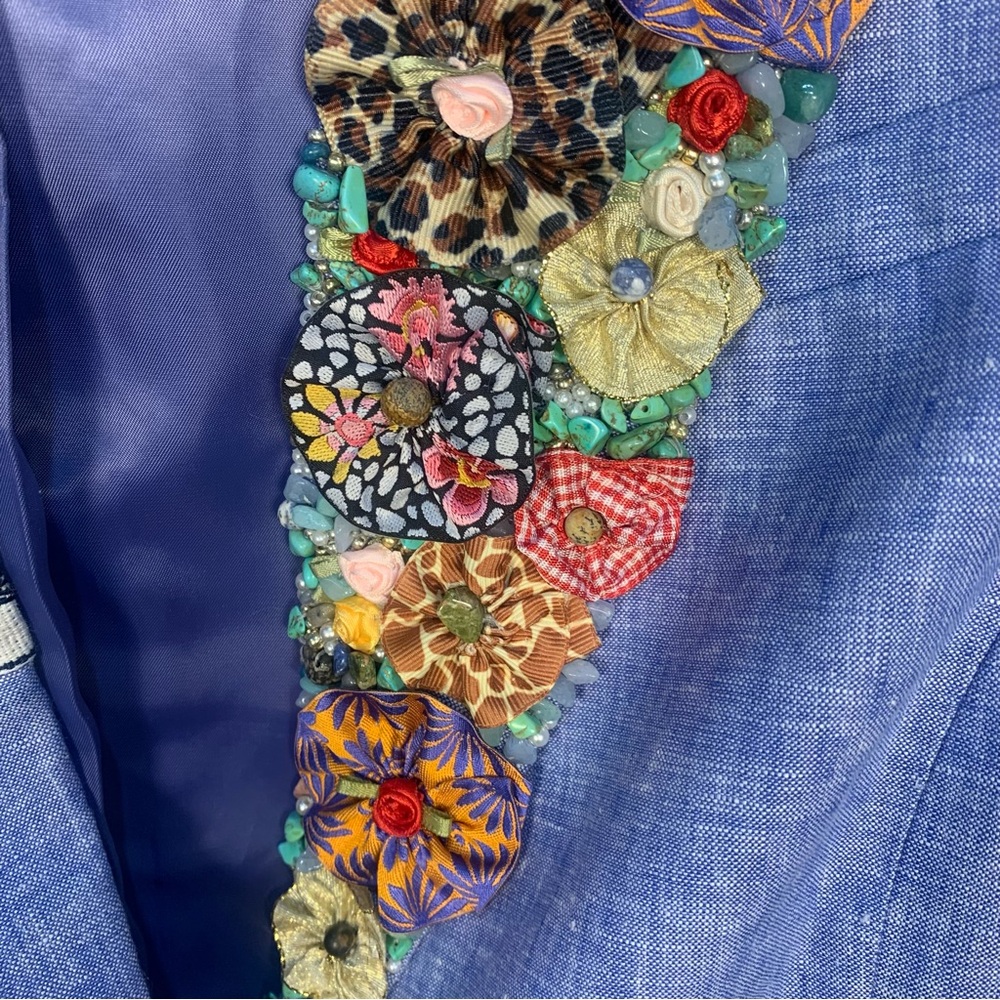 Talbots 100% Linen Embellished Appliqué Detail Lapels Stones Beading Roses - Picture 2 of 11